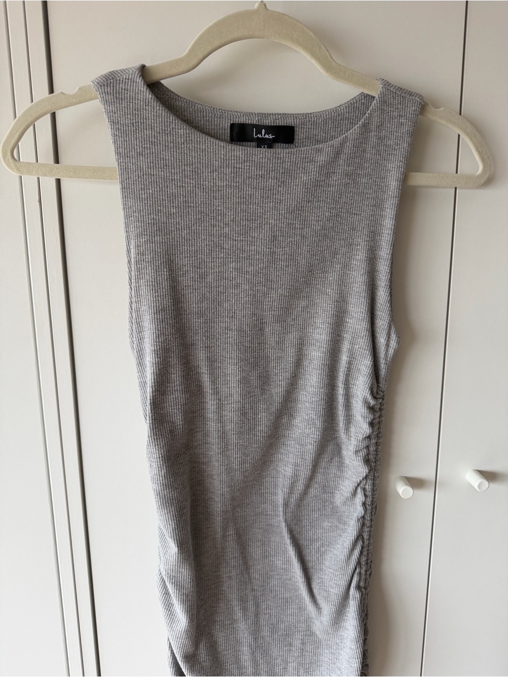 Lulus Over and Over Light Grey Ribbed Drawstring Ruched Bodycon Dress - Picture 5 of 6